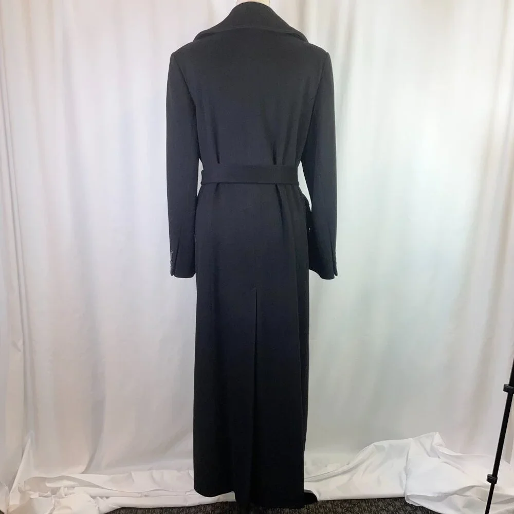 Calvin Klein Maxi Coat Size 12 Vintage 80's Black Double Breast Belt Merino Wool - Picture 4 of 15